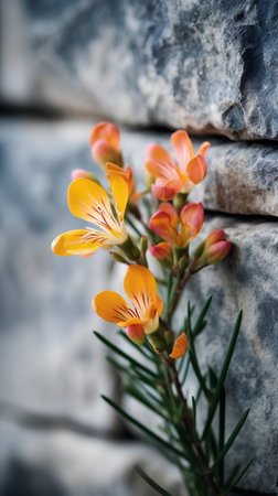 Beautiful yellow flowers on a stone wall. Selective focus.の素材