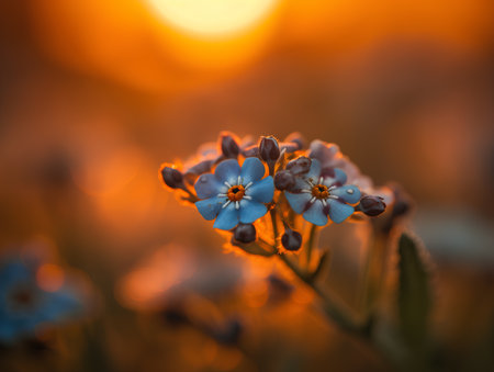 Beautiful forget-me-not flowers at sunset, macro photoの素材