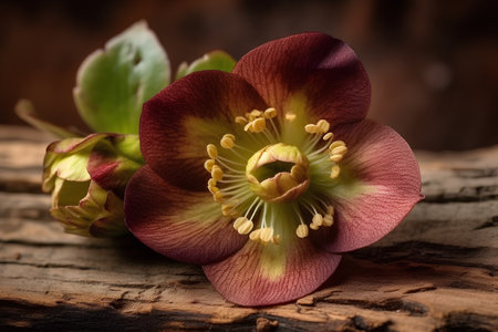 beautiful hellebore flower on wooden background, closeupの素材
