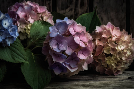 Colorful hydrangea flowers on wooden background. Vintage style.の素材