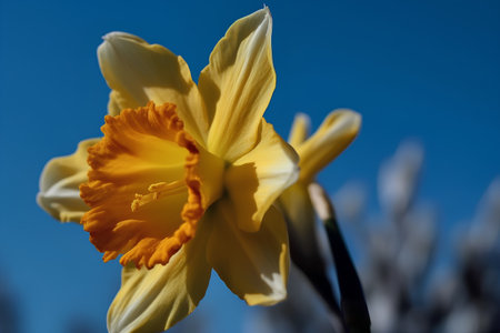 Yellow daffodil on blue sky background. Shallow depth of field.の素材