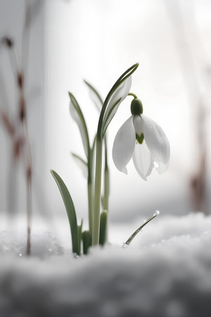 Snowdrop flowers in the snow. Shallow depth of field.の素材