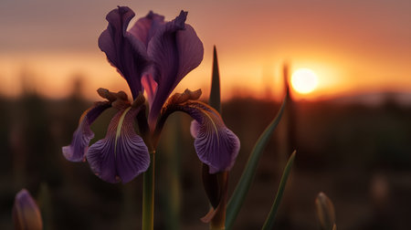 Purple iris flower on the background of the setting sun.の素材