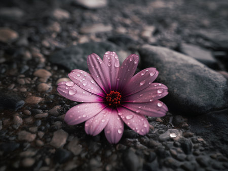 Beautiful pink flower with water drops on pebbles background.の素材