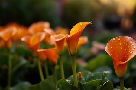 Beautiful orange calla lily flowers with water drops in the gardenの素材