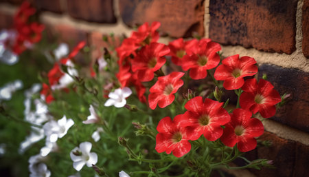 Red and white petunia flowers on the background of a brick wallの素材