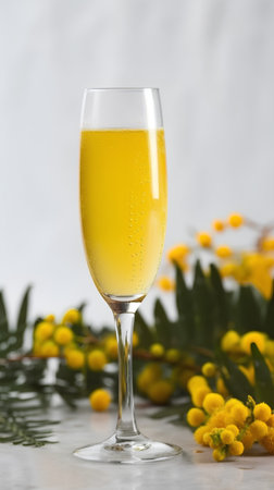 A glass of mimosa juice with yellow mimosa flowers on a white backgroundの素材