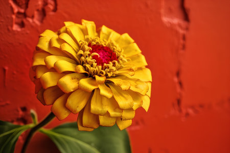Zinnia flower in front of a red brick wall with copy spaceの素材