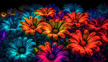 Colorful daisies on a black background. Close-up.の素材