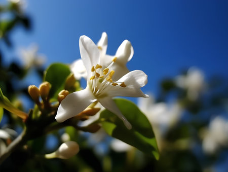 Lemon blossom with blue sky in background. Shallow DOF.の素材