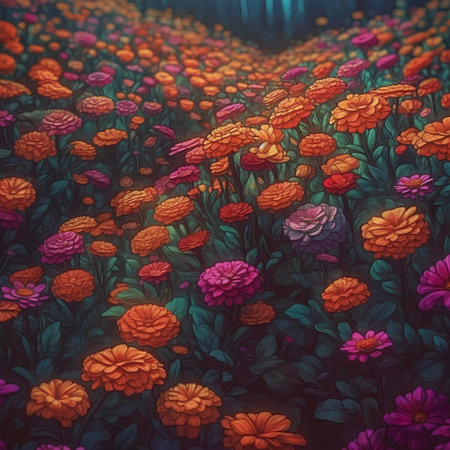 Colorful flowers on the meadow. Digital painting. 3d renderingの素材