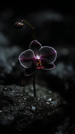 Beautiful purple orchid flower on black background with water drops.の素材