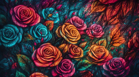 abstract background with roses and leaves in blue and pink colors.の素材