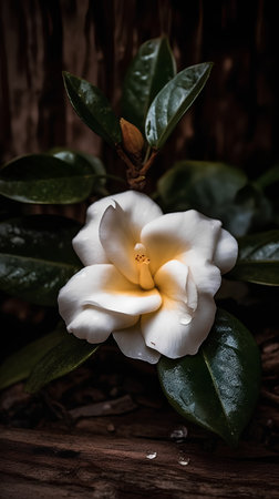 Camellia japonica flower on dark wood background.の素材