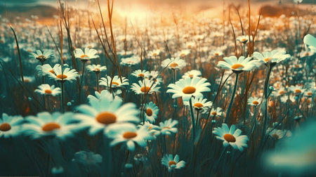 Beautiful daisies on a meadow at sunset. Vintage style.の素材