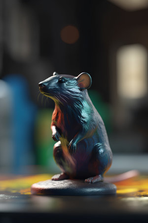 Cute plastic rat figurine on dark background, close-upの素材