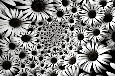 Black and white daisies on black background. Computer generated graphics.の素材