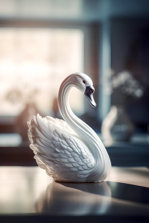 Swan sculpture on the table in the interior of the room.の素材