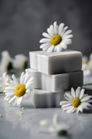 Handmade soap and chamomile flowers on a gray backgroundの素材