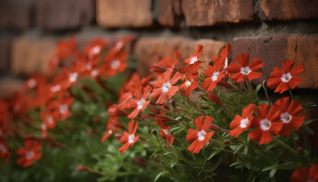 Red flowers on the background of a red brick wall in the gardenの素材