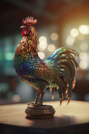rooster statue on wooden table in coffee shop with bokeh backgroundの素材