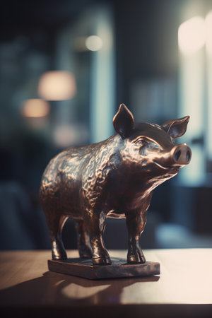 Bronze piggy bank on wooden table in pub or restaurant.の素材