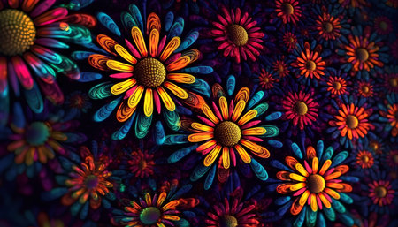 Multicolored flowers on a black background. Computer generated graphics.の素材