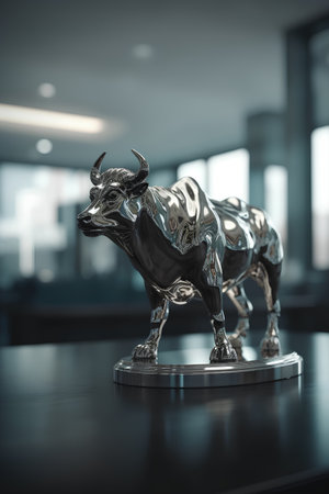 3d render of metal bull statue in modern office interior background.の素材