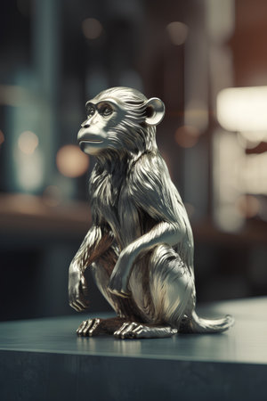 Statue of monkey sitting on a table in a cafe. Toned.の素材