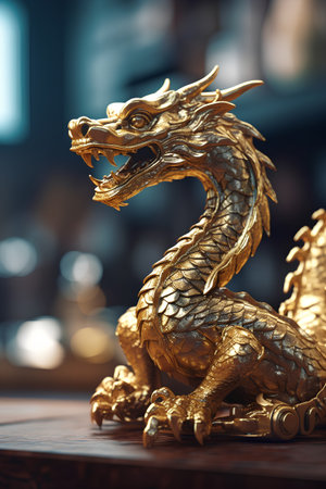 Golden dragon statue on a wooden table in a restaurant. Close up.の素材