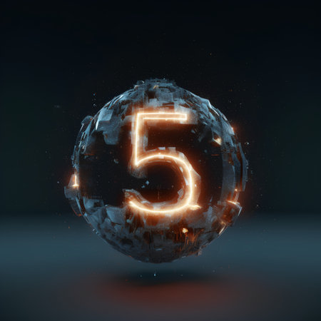Futuristic glowing number 5 on dark background. 3D renderingの素材