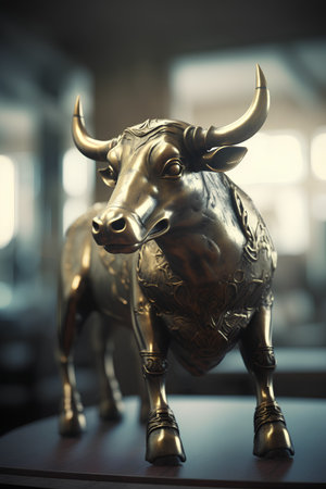 Bronze bull statue on the wooden table with blurred background, stock photoの素材
