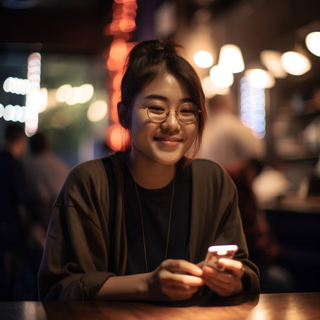 Young asian woman using mobile phone in cafe at night time.の素材