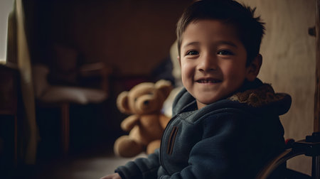 Portrait of a cute asian boy with teddy bear at homeの素材