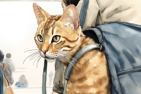 Portrait of a cat with a backpack. Watercolor illustration.の素材