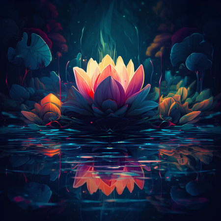 Beautiful lotus flower and butterfly reflected in water. Vector illustration.の素材