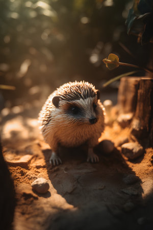 Hedgehog on the sand with sun light. Wild african animal.の素材