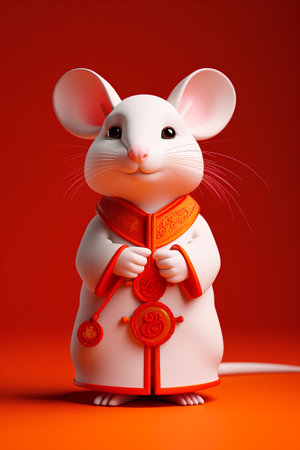 Happy Chinese New Year 2020. Year of the rat. White rat with a red ribbon on a red background.の素材