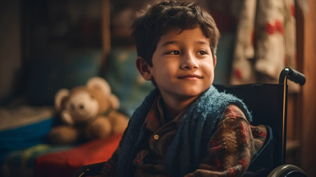 Portrait of a boy in a wheelchair with his teddy bearの素材