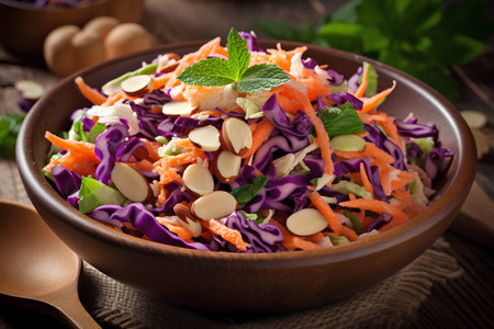 Salad with red cabbage, carrot and nuts in a wooden bowlの素材