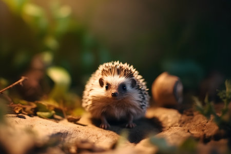 hedgehog on a background of green leaves in the rays of the setting sunの素材