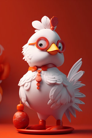 3d render of a white rooster on a red background.の素材