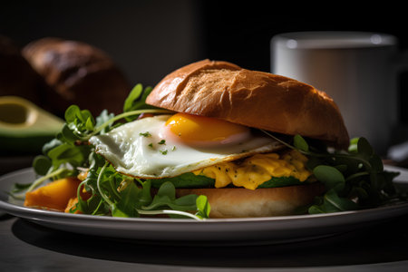 Hamburger with fried egg, arugula and avocado.の素材