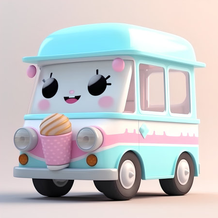 Kawaii ice cream truck on pink background. 3d renderingの素材