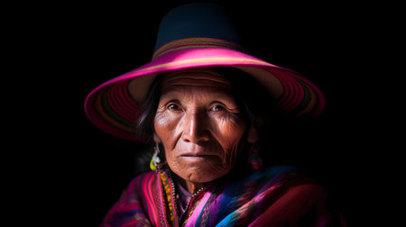 Portrait of an old woman in a hat on a black backgroundの素材