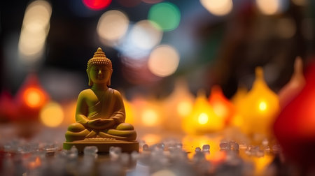 Buddha statue with bokeh light background, Thailand.の素材