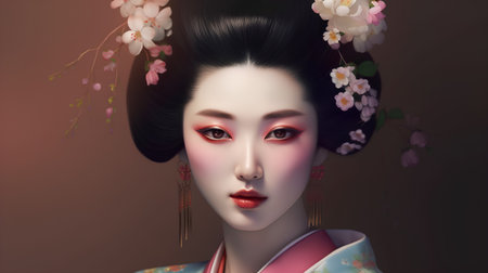 3d illustration of japanese geisha with sakura flowersの素材