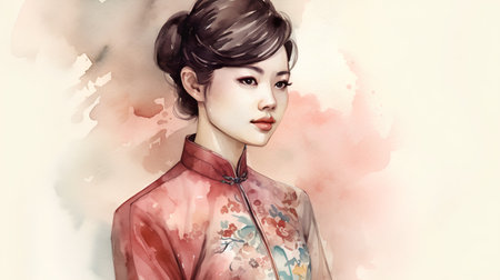 Beautiful asian girl in kimono. Watercolor illustrationの素材