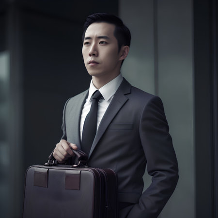 Portrait of a handsome asian businessman holding a briefcase and looking awayの素材
