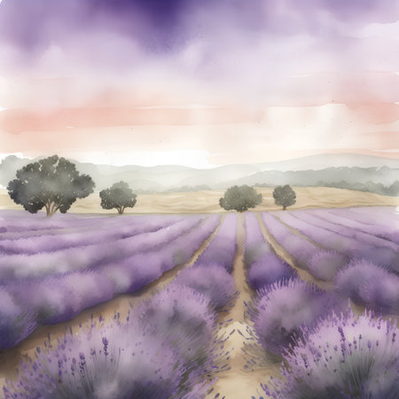 Watercolor lavender field landscape. Hand drawn illustration of lavender flowers.の素材